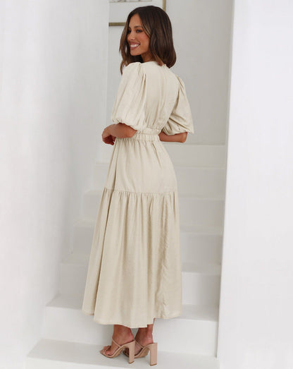 Damen Sommer-Midikleid V-Ausschnitt Puffärmel Einfarbig Elegant