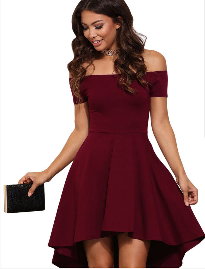 Damen Off-Shoulder-Kleid Asymmetrischer Saum Fließender Rock