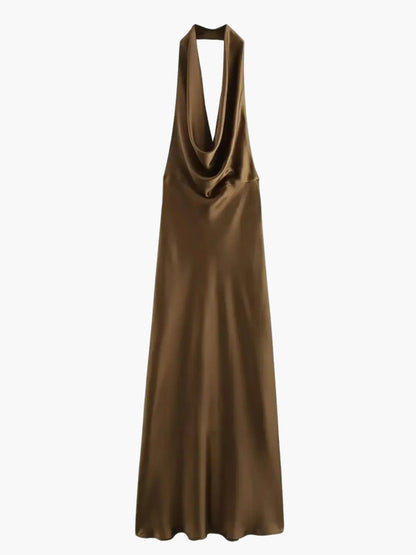Damen Satin Maxikleid Wasserfallkragen
