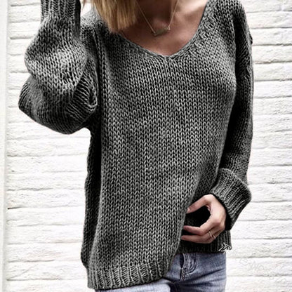 Damen Strickpullover V-Ausschnitt Grobstrick Locker Passform Beige