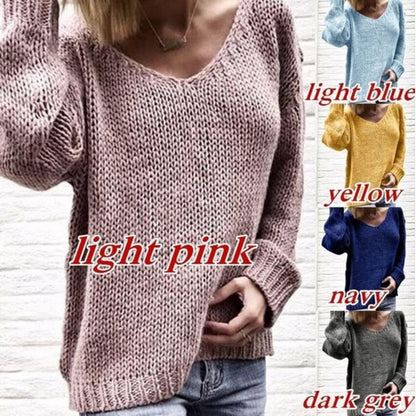 Damen Strickpullover V-Ausschnitt Grobstrick Locker Passform Beige