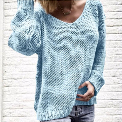 Damen Strickpullover V-Ausschnitt Grobstrick Locker Passform Beige