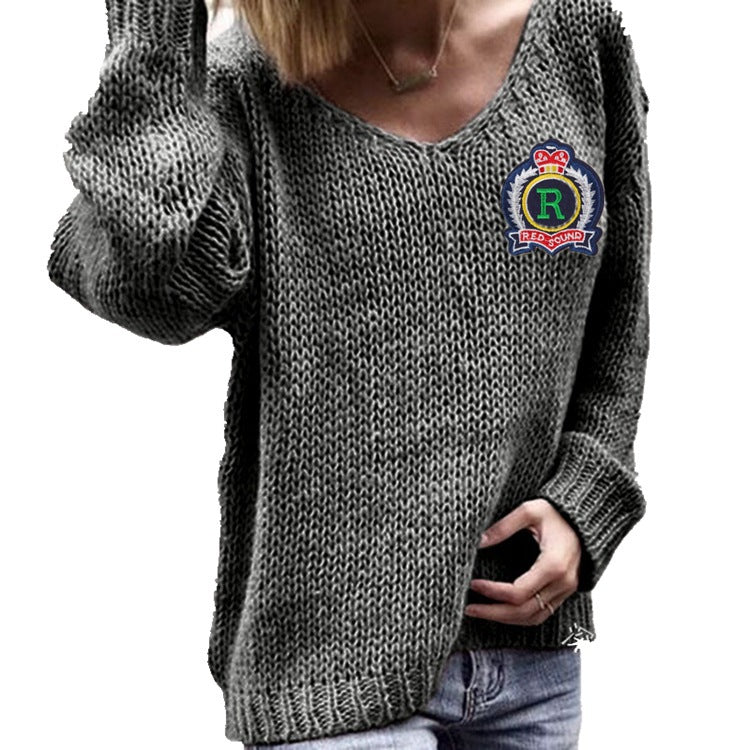 Damen Strickpullover V-Ausschnitt Grobstrick Locker Passform Beige
