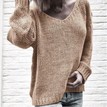 Damen Strickpullover V-Ausschnitt Grobstrick Locker Passform Beige