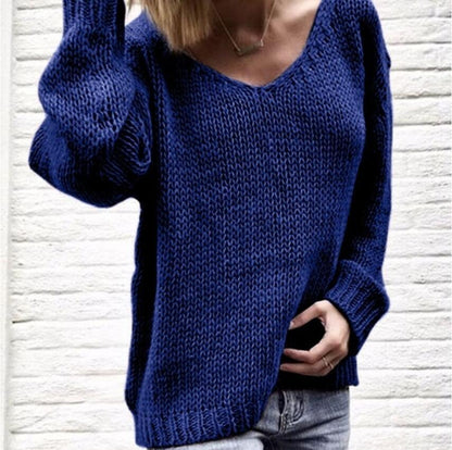 Damen Strickpullover V-Ausschnitt Grobstrick Locker Passform Beige