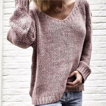 Damen Strickpullover V-Ausschnitt Grobstrick Locker Passform Beige