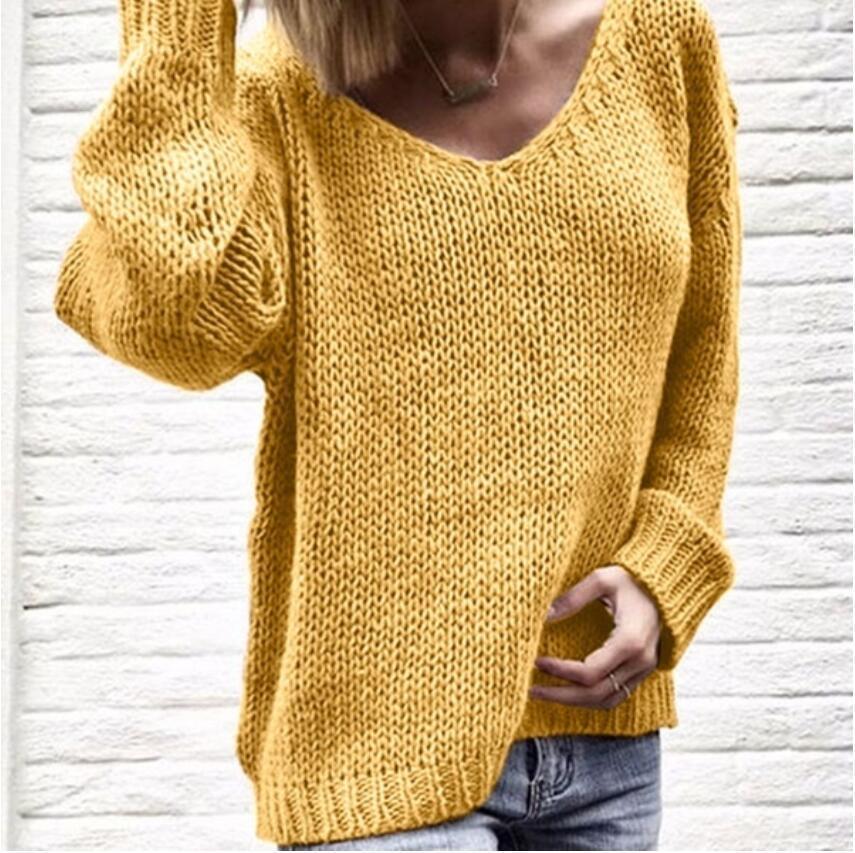Damen Strickpullover V-Ausschnitt Grobstrick Locker Passform Beige