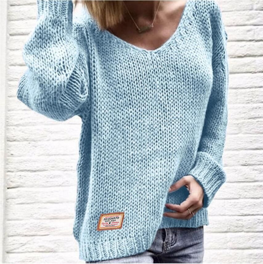 Damen Strickpullover V-Ausschnitt Grobstrick Locker Passform Beige - Eveloria