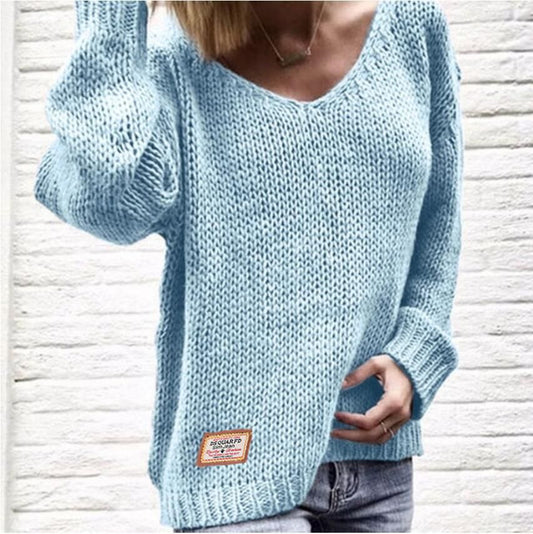 Damen Strickpullover V-Ausschnitt Grobstrick Locker Passform Beige - Eveloria