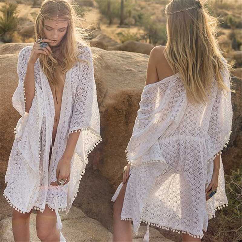 Damen Strandtunika Häkelmuster Pompons Beige - Eveloria