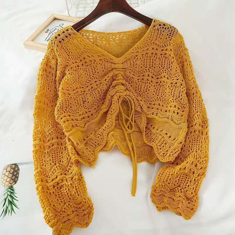 Damen Strickoberteil Häkel-Muster Bindebindung Transparent