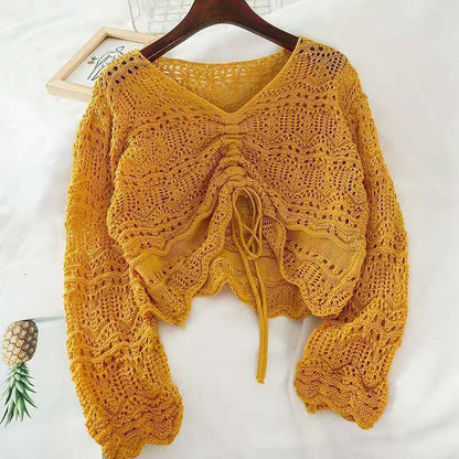 Damen Strickoberteil Häkel-Muster Bindebindung Transparent