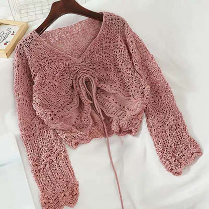 Damen Strickoberteil Häkel-Muster Bindebindung Transparent
