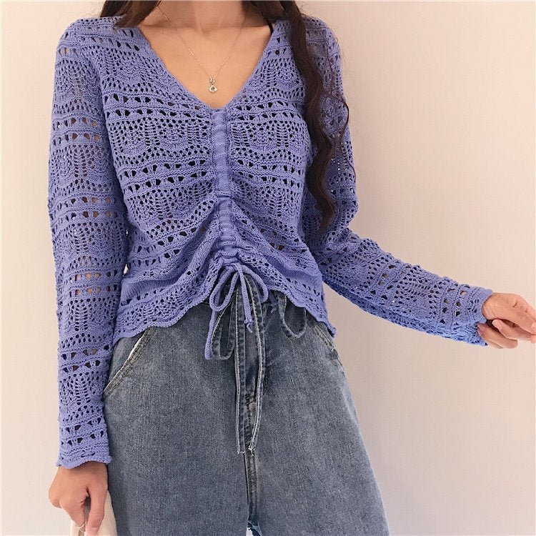 Damen Strickoberteil Häkel-Muster Bindebindung Transparent