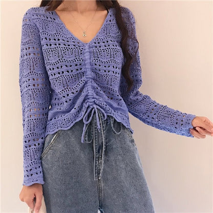 Damen Strickoberteil Häkel-Muster Bindebindung Transparent