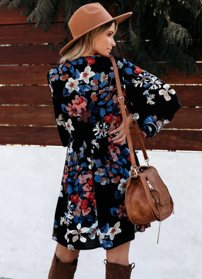 Damen Wickelkleid Boho-Stil Weite Ärmel Floralmuster