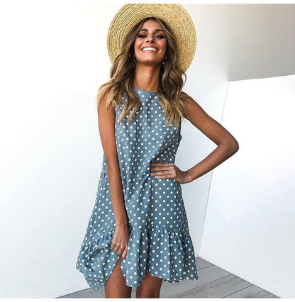Damen A-Linien Kleid mit Rüschensaum und Punkten Sommerlich Eveloria