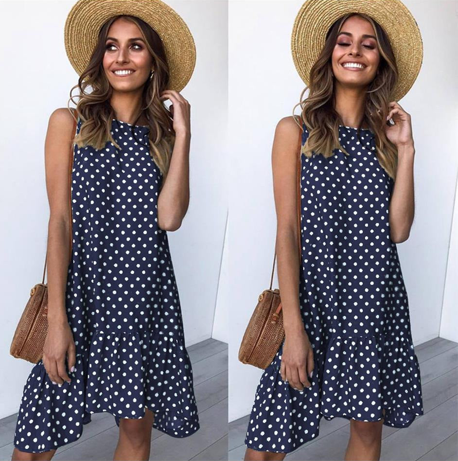 Damen A-Linien Kleid mit Rüschensaum und Punkten Sommerlich Eveloria