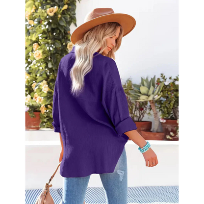 Damen Bluse Unifarbe Knopfleiste Hemdkragen Elegante Langarmbluse
