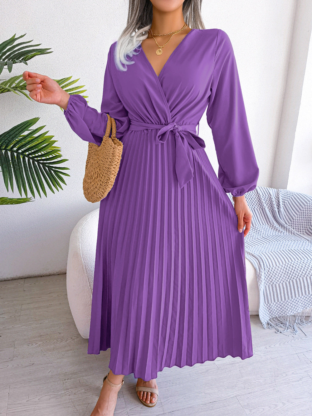 Damen Maxikleid Elegantes Faltenkleid mit Taillengürtel