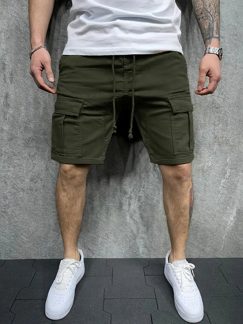 Herren Cargo Shorts Kordelzug Utility Taschen Beige