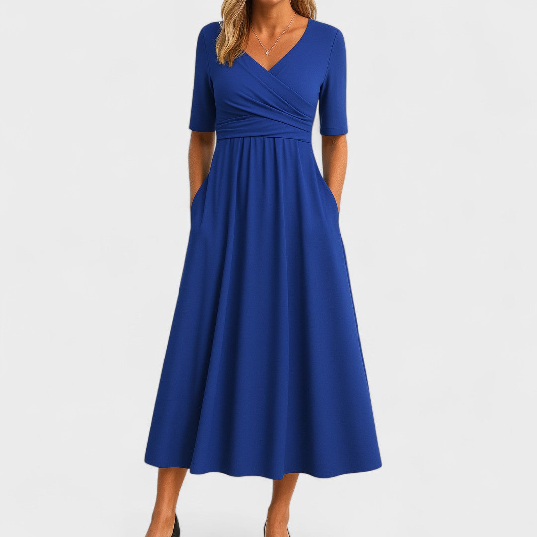 Damen Maxi Kleid V-Ausschnitt Kurzarm