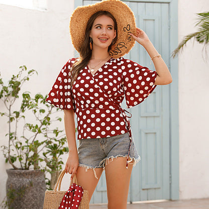 Damen Wickelbluse Polka-Dots Baumwolle Schwarz Weiss - Eveloria