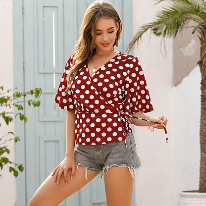 Damen Wickelbluse Polka-Dots Baumwolle Weiss