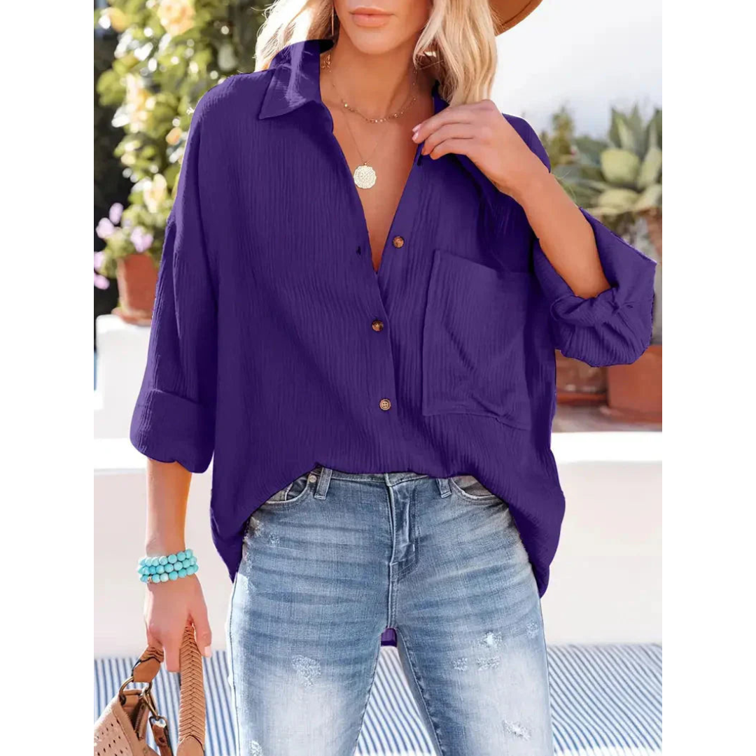 Damen Bluse Unifarbe Knopfleiste Hemdkragen Elegante Langarmbluse