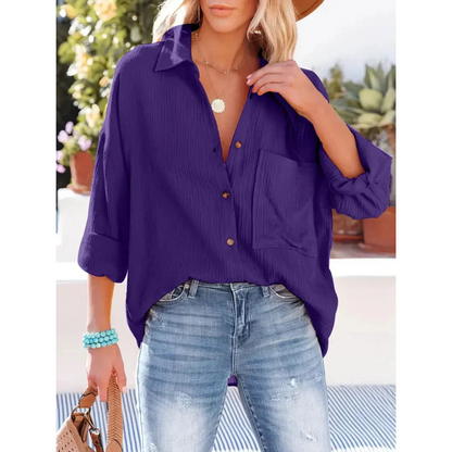 Damen Bluse Unifarbe Knopfleiste Hemdkragen Elegante Langarmbluse