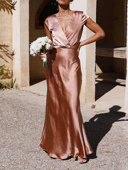 Eveloria Damen Maxikleid Satin Fishtail V-Ausschnitt