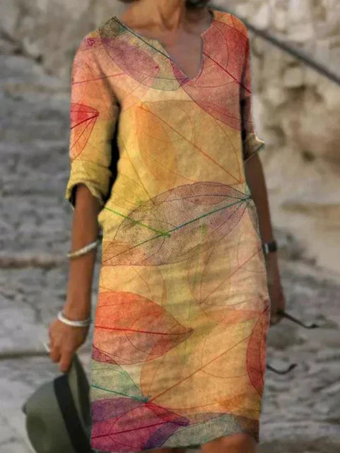 Damen Sommerkleid Blattmuster V-Ausschnitt Midi