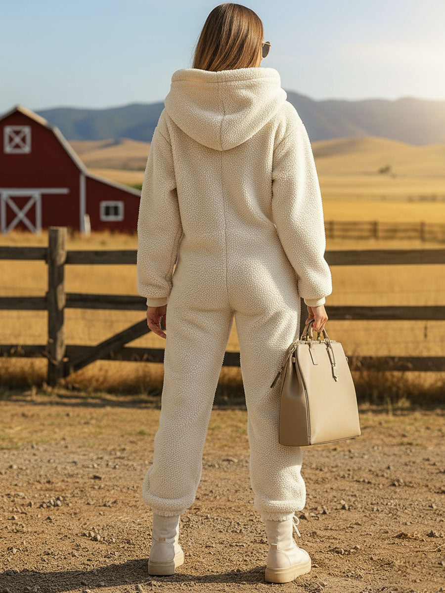Damen Teddyfleece Jumpsuit mit Kapuze Wärmer Overall