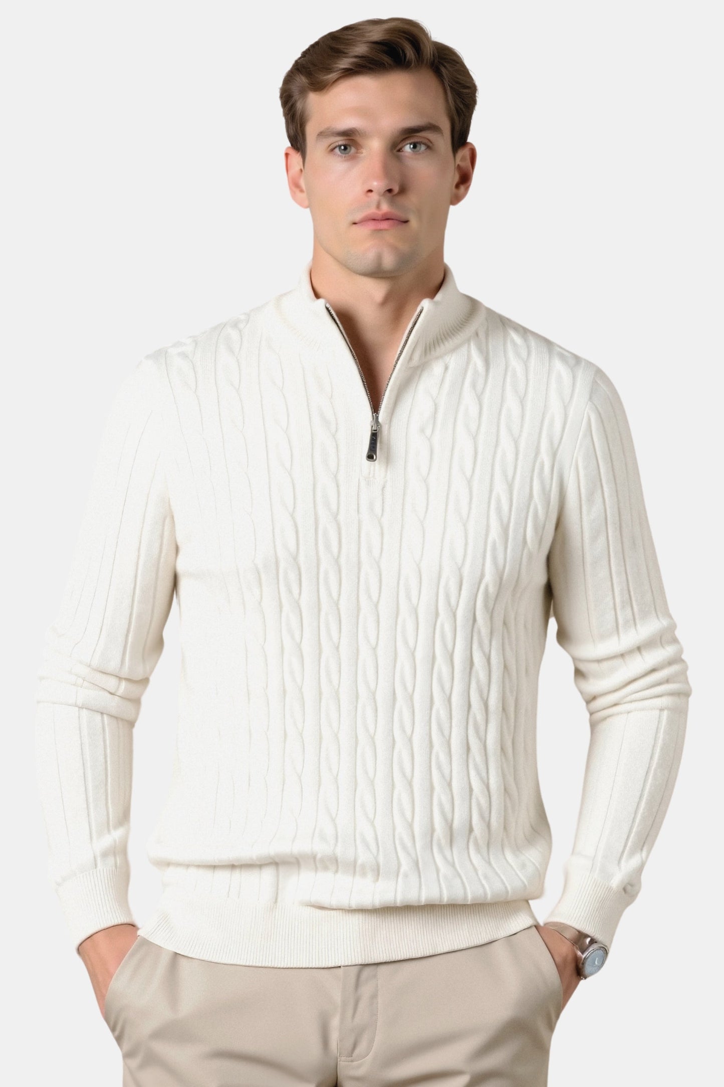 Eleganter Damen Zopfstrick Pullover Mit Reißverschluss