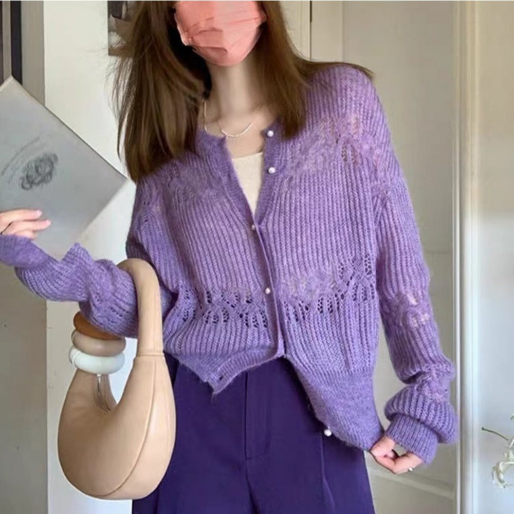 Damen Lila Langarm-Strickcardigan - Eveloria