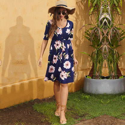 Damen Kleid mit Knöpfen und Taschen aus Baumwolle Beige