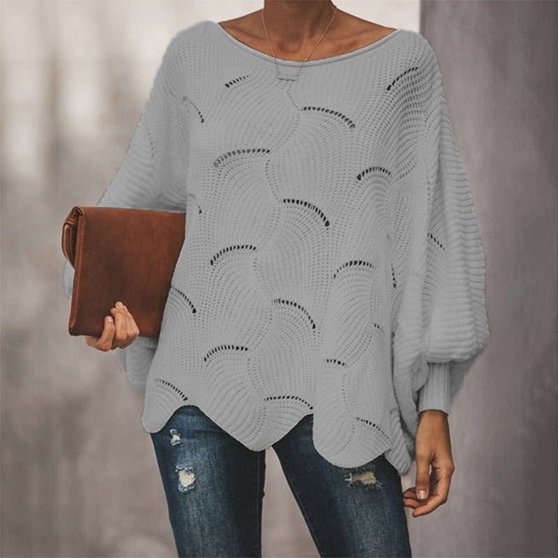 Damen Strickpullover Wellenmuster Weite Ärmel Luftig