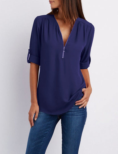 Eveloria Damen Chiffonbluse Mit Reißverschluss
