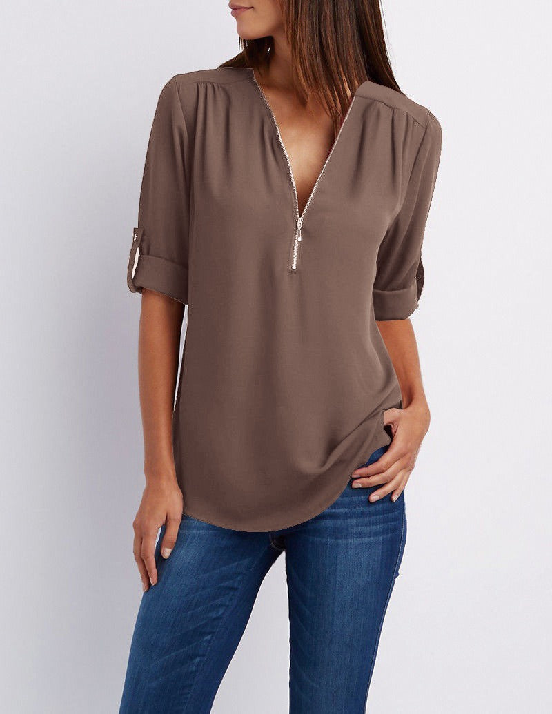 Eveloria Damen Chiffonbluse Mit Reißverschluss
