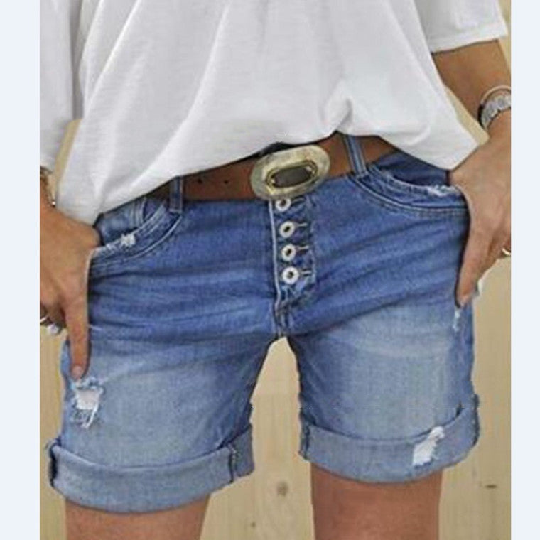 Eveloria Damen Ripped Denim Shorts Blau - Eveloria