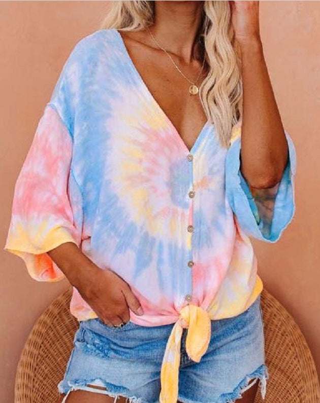 Damen Bluse mit Bindeband Batikdesign Eveloria