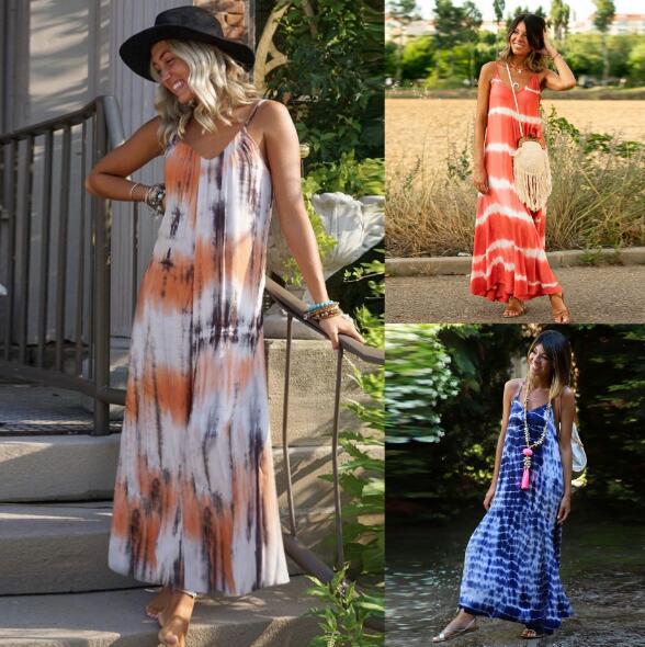 Damen Maxikleid Batikdesign V-Ausschnitt - Eveloria