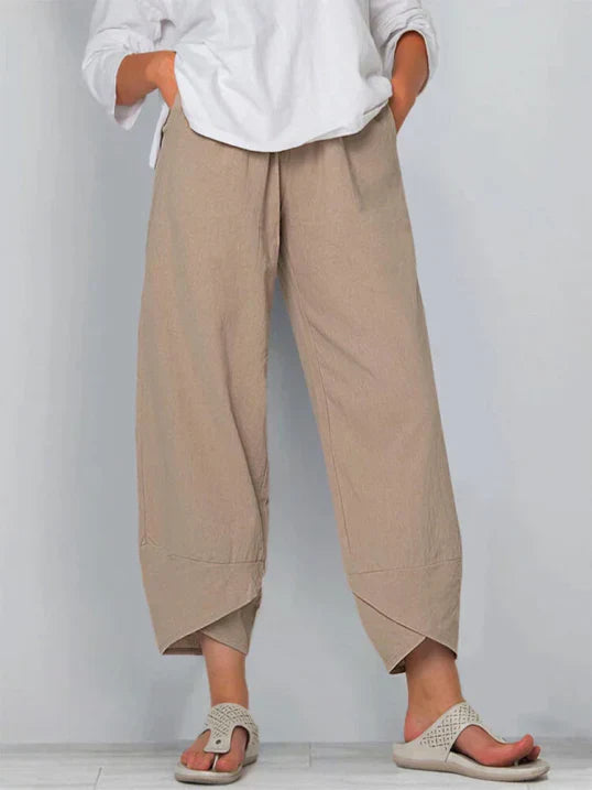 Damen Stoffhose Locker Geschnitten Elastischer Bund Leicht Beige