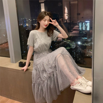 Damen Kleid mit Tüllschichten und Gummizug Lang Eveloria