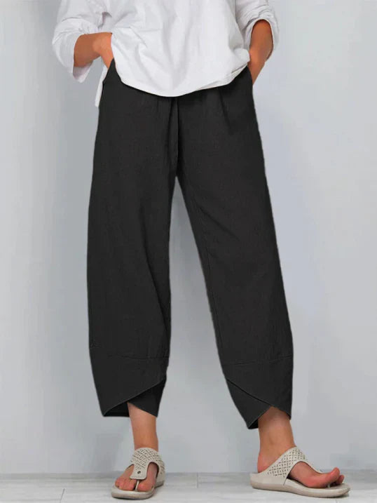 Damen Stoffhose Locker Geschnitten Elastischer Bund Leicht Beige - Eveloria