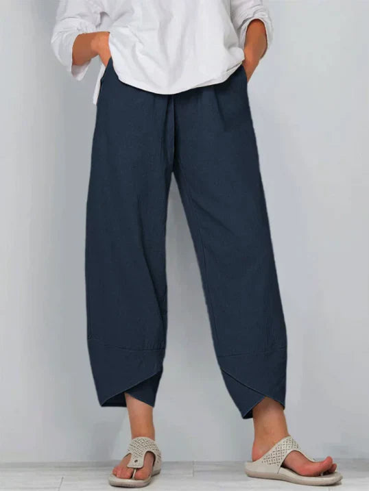 Damen Stoffhose Locker Geschnitten Elastischer Bund Leicht Beige