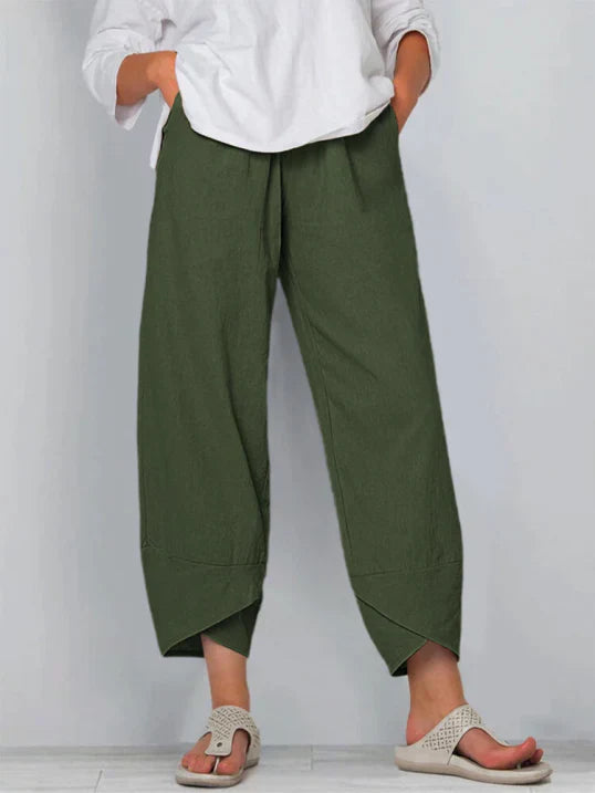 Damen Stoffhose Locker Geschnitten Elastischer Bund Leicht Beige