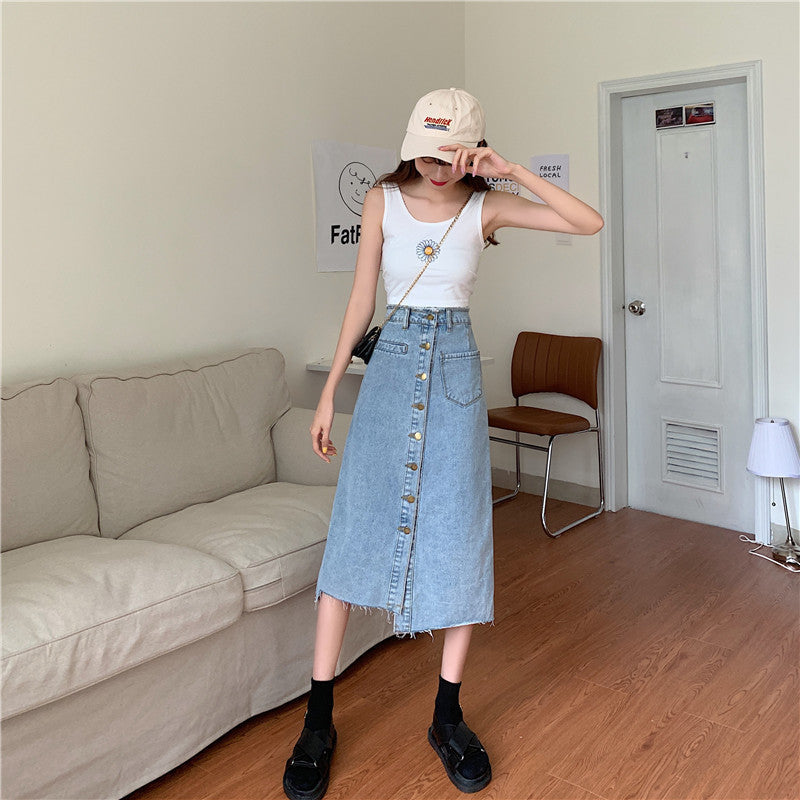 Damen Denimrock Lang Knöpfe Fransen Blau Eveloria