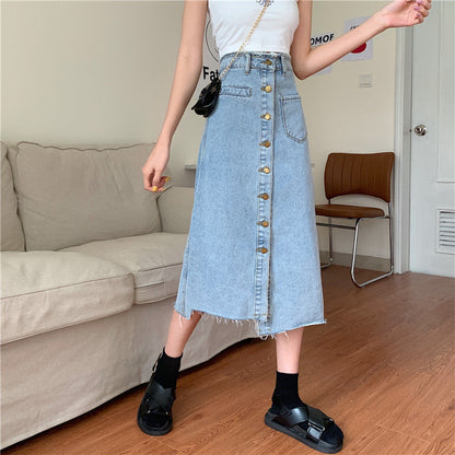 Damen Denimrock Lang Knöpfe Fransen Blau Eveloria