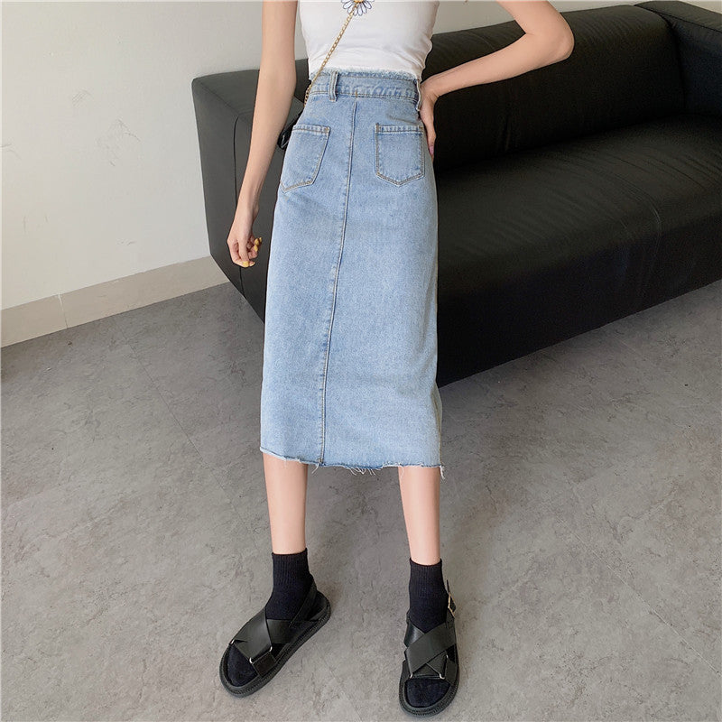 Damen Denimrock Lang Knöpfe Fransen Blau Eveloria